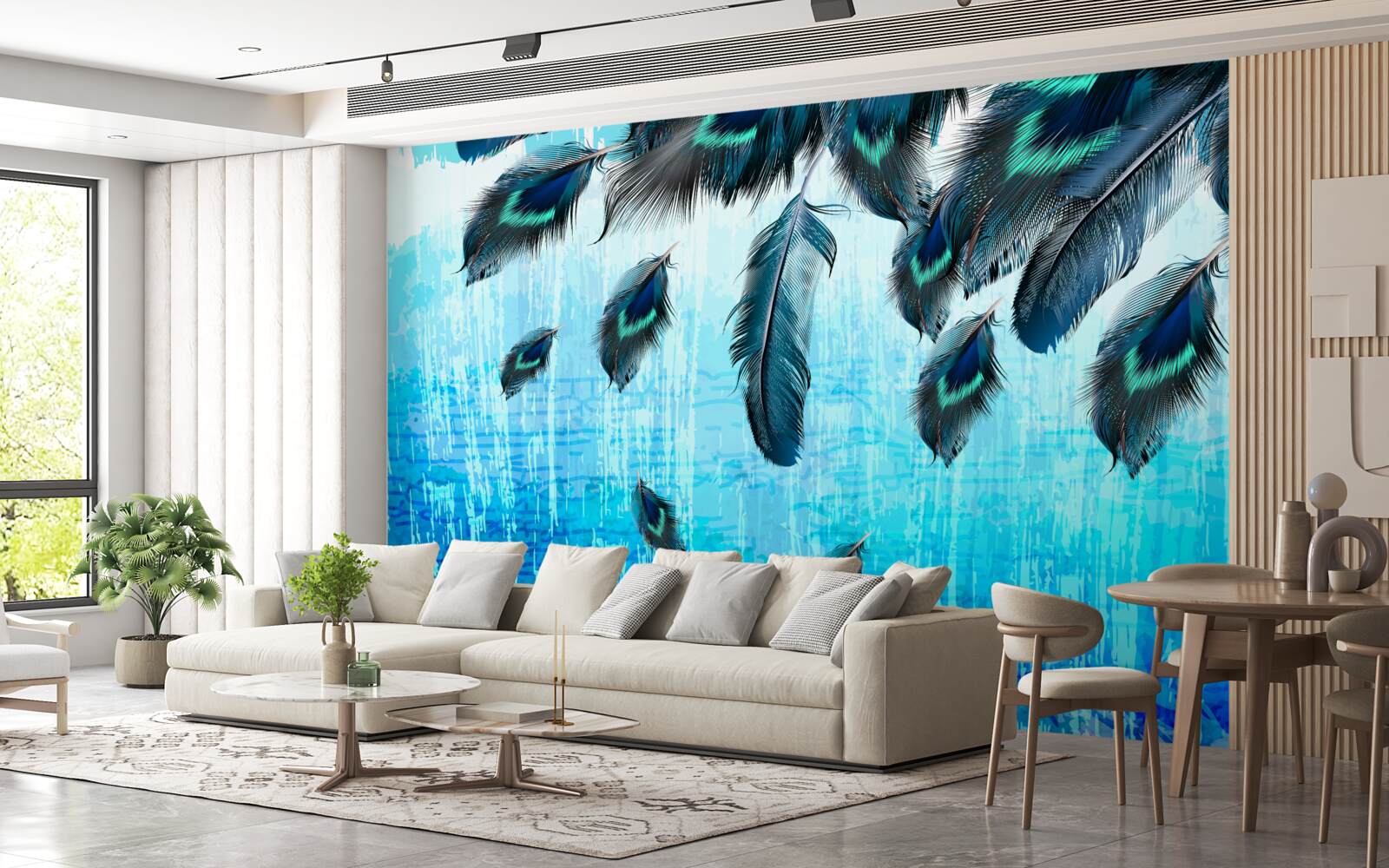 Papier peint plumes de paon sur fond bleu