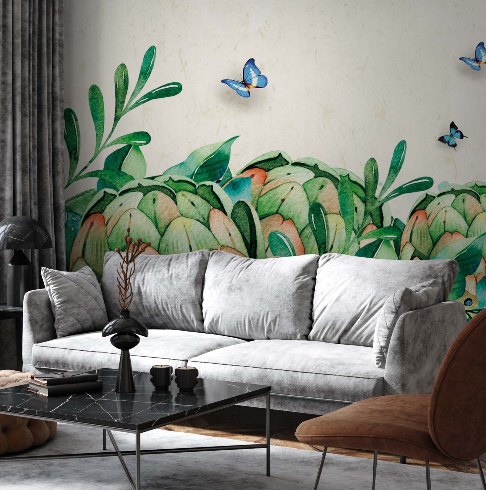 Papier peint papillons et plantes