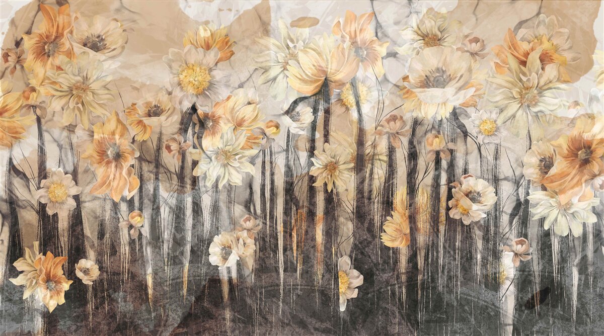 Papier peint fleurs de style vintage sur fond gris