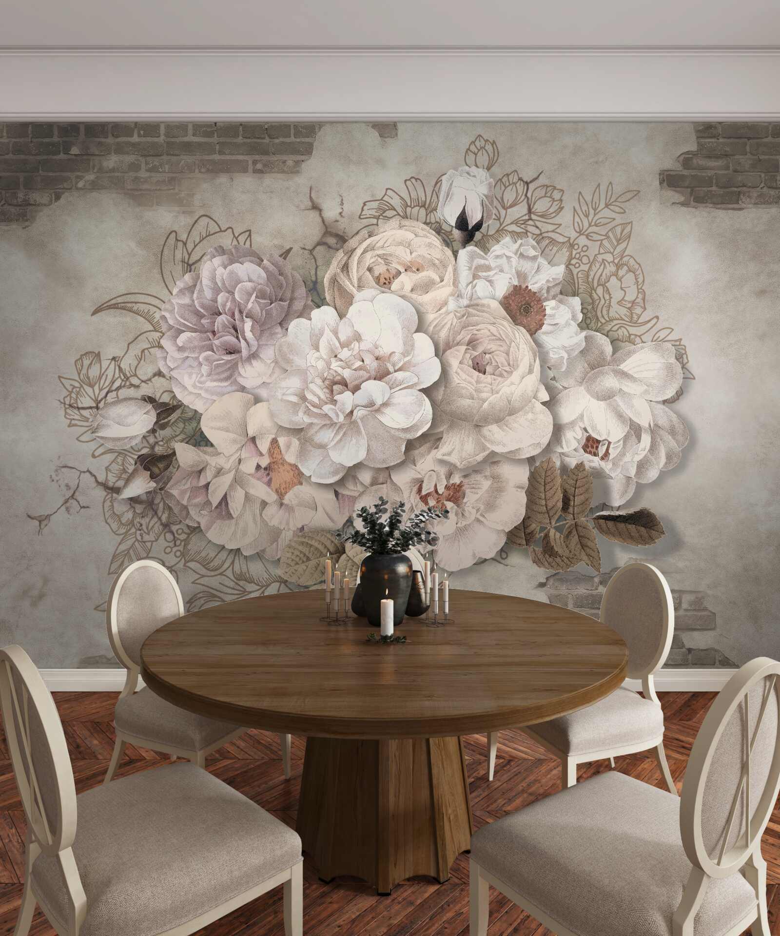 Papier peint magnifiques grandes roses sur un mur de briques