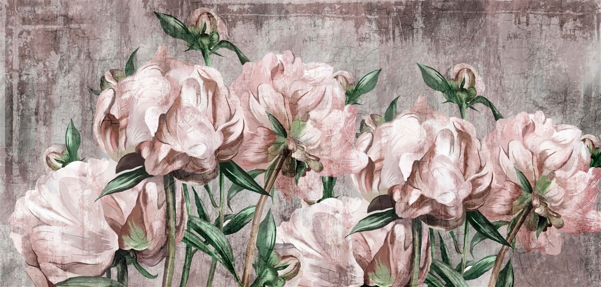 Papier peint le mur en béton est décoré de roses pastel