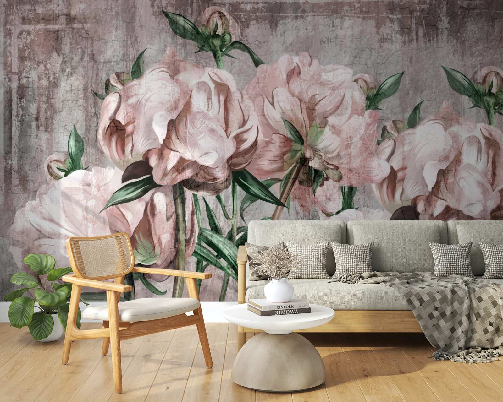 Papier peint le mur en béton est décoré de roses pastel