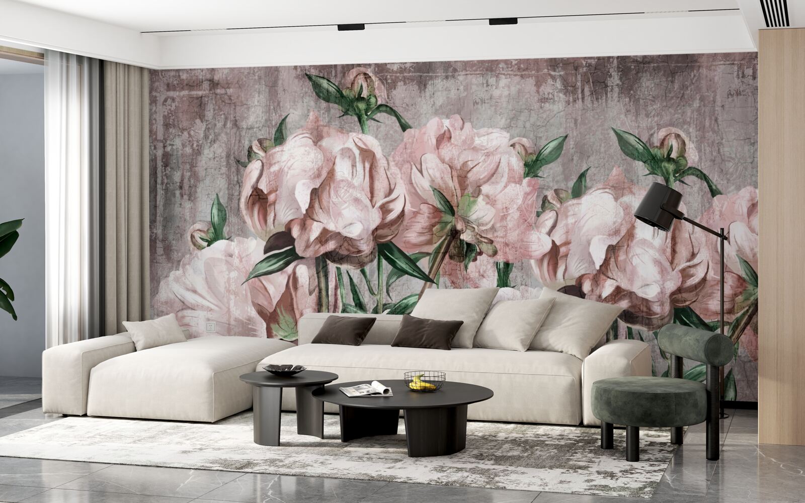 Papier peint le mur en béton est décoré de roses pastel
