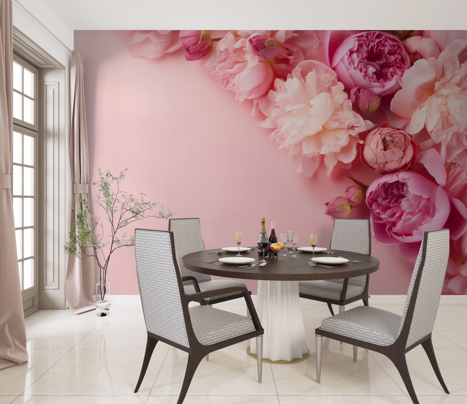 Papier peint différentes fleurs roses sur un fond de même teinte