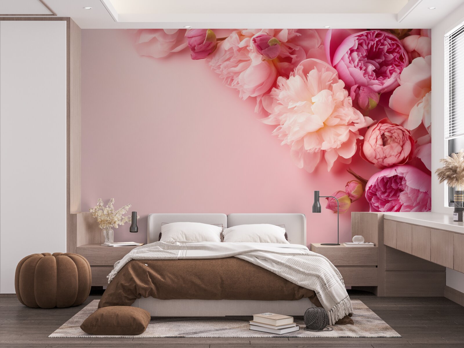 Papier peint différentes fleurs roses sur un fond de même teinte