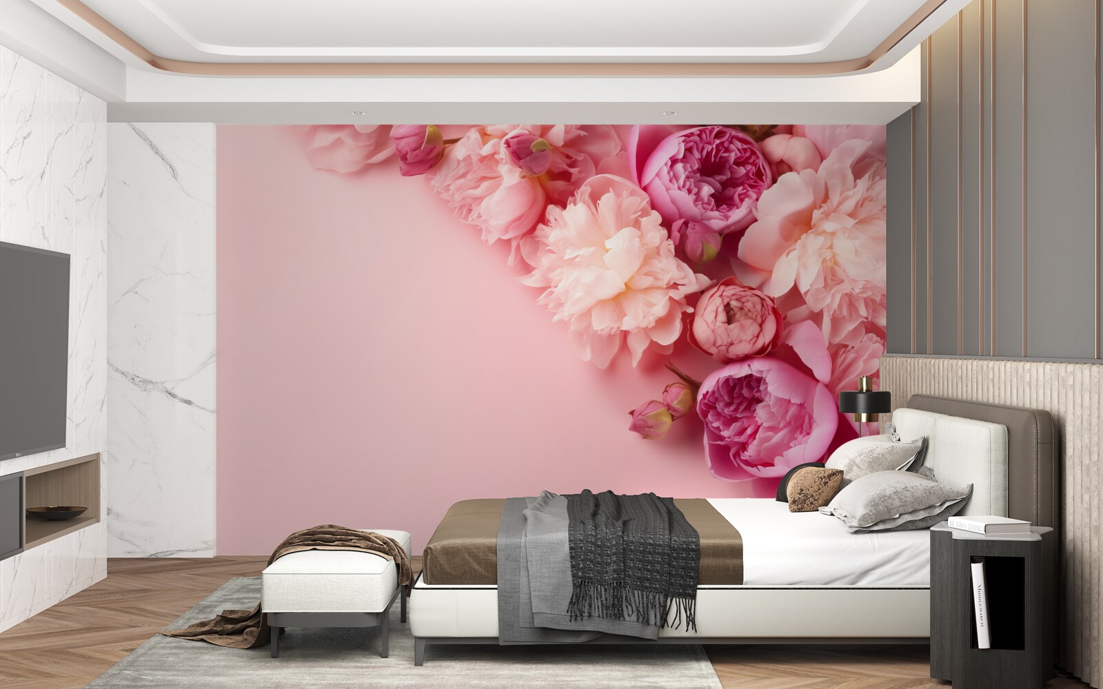 Papier peint différentes fleurs roses sur un fond de même teinte