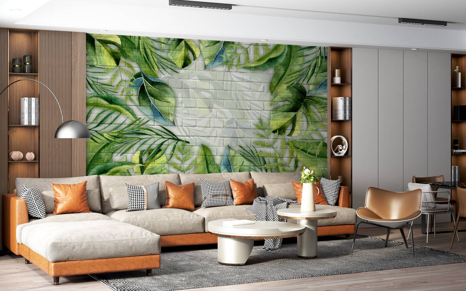 Papier peint vert tropical sur un mur de briques
