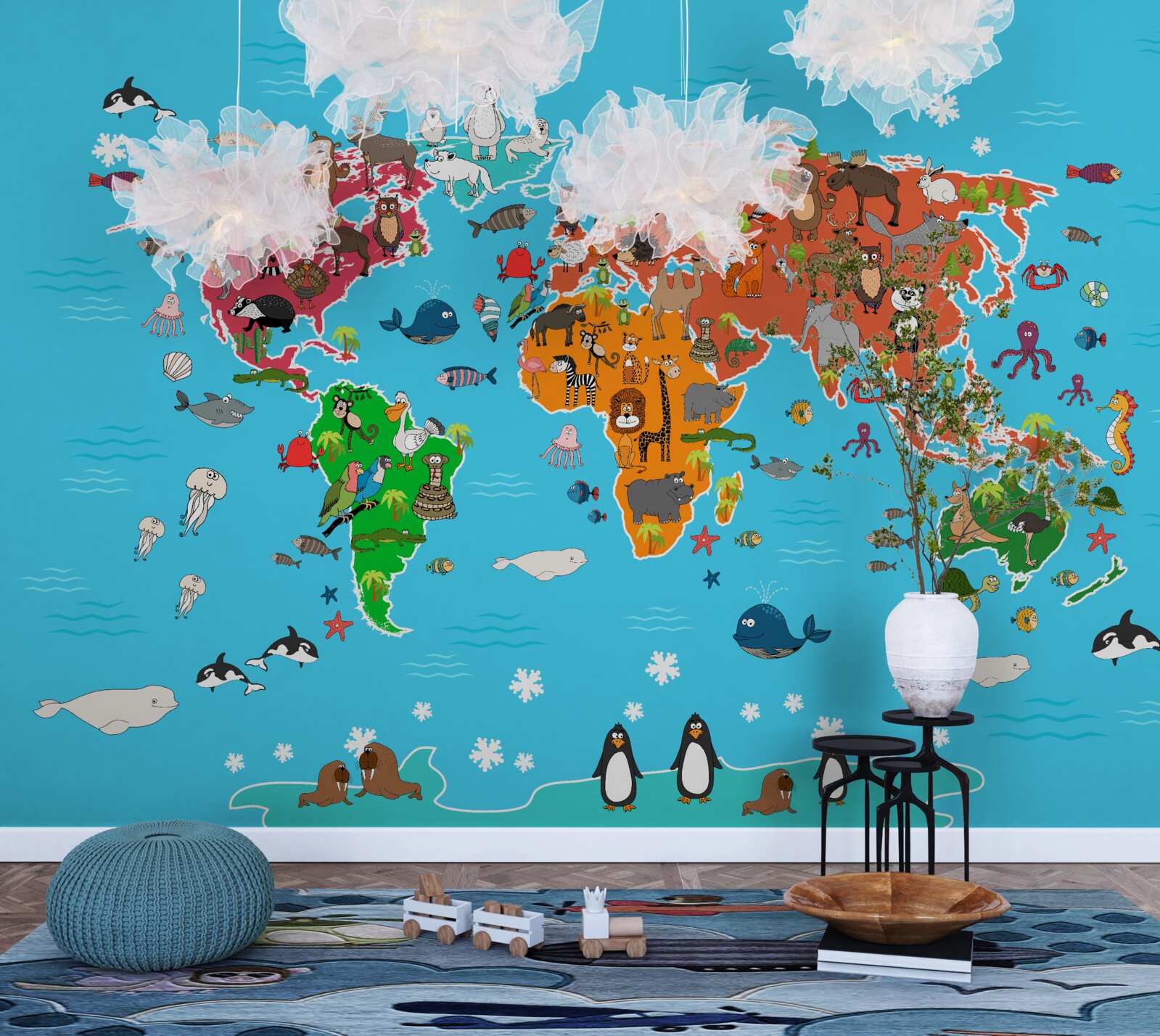 Papier peint une grande variété d'animaux sur une carte du monde avec des détails vivants