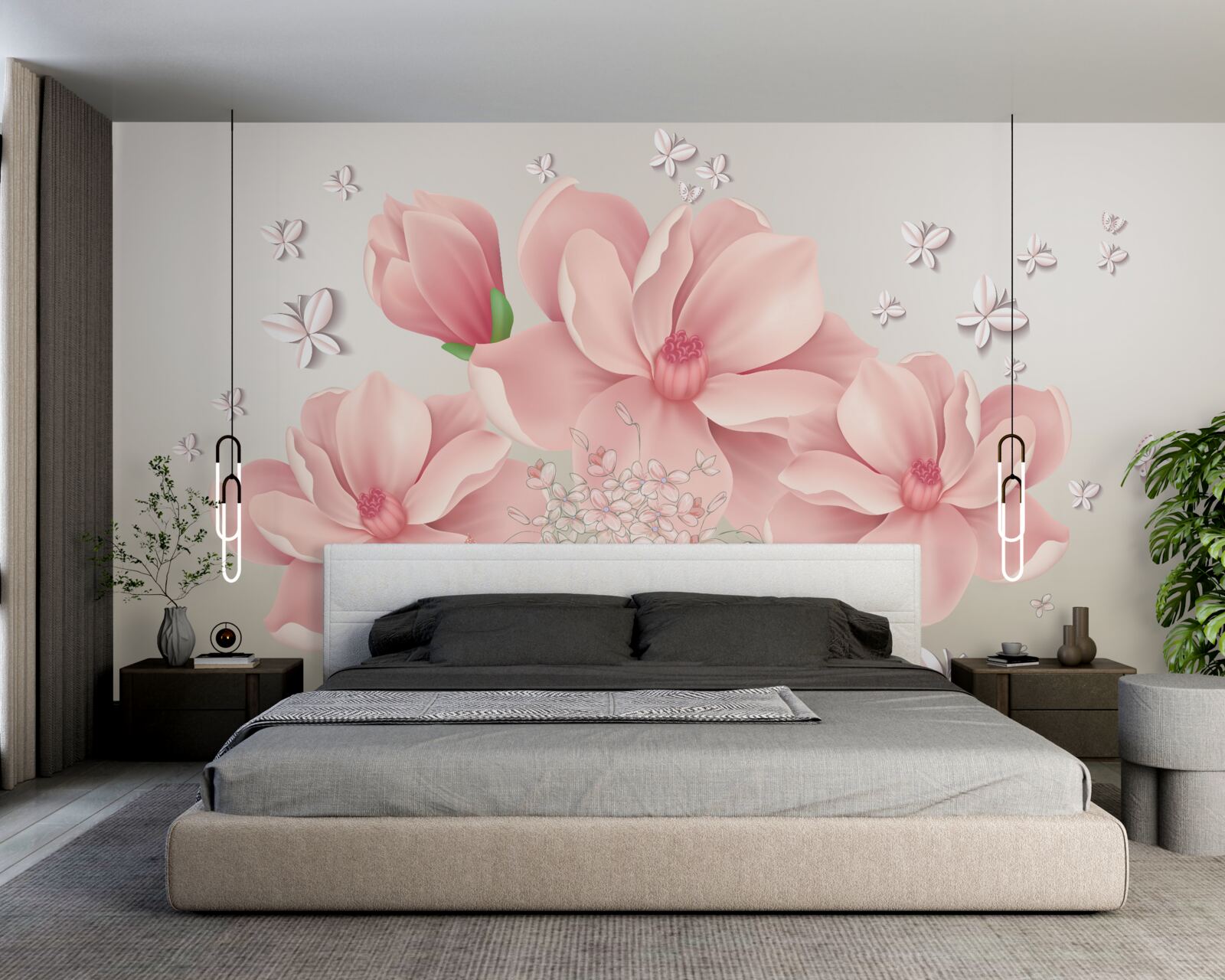 Papier peint papillons blancs et fleurs roses