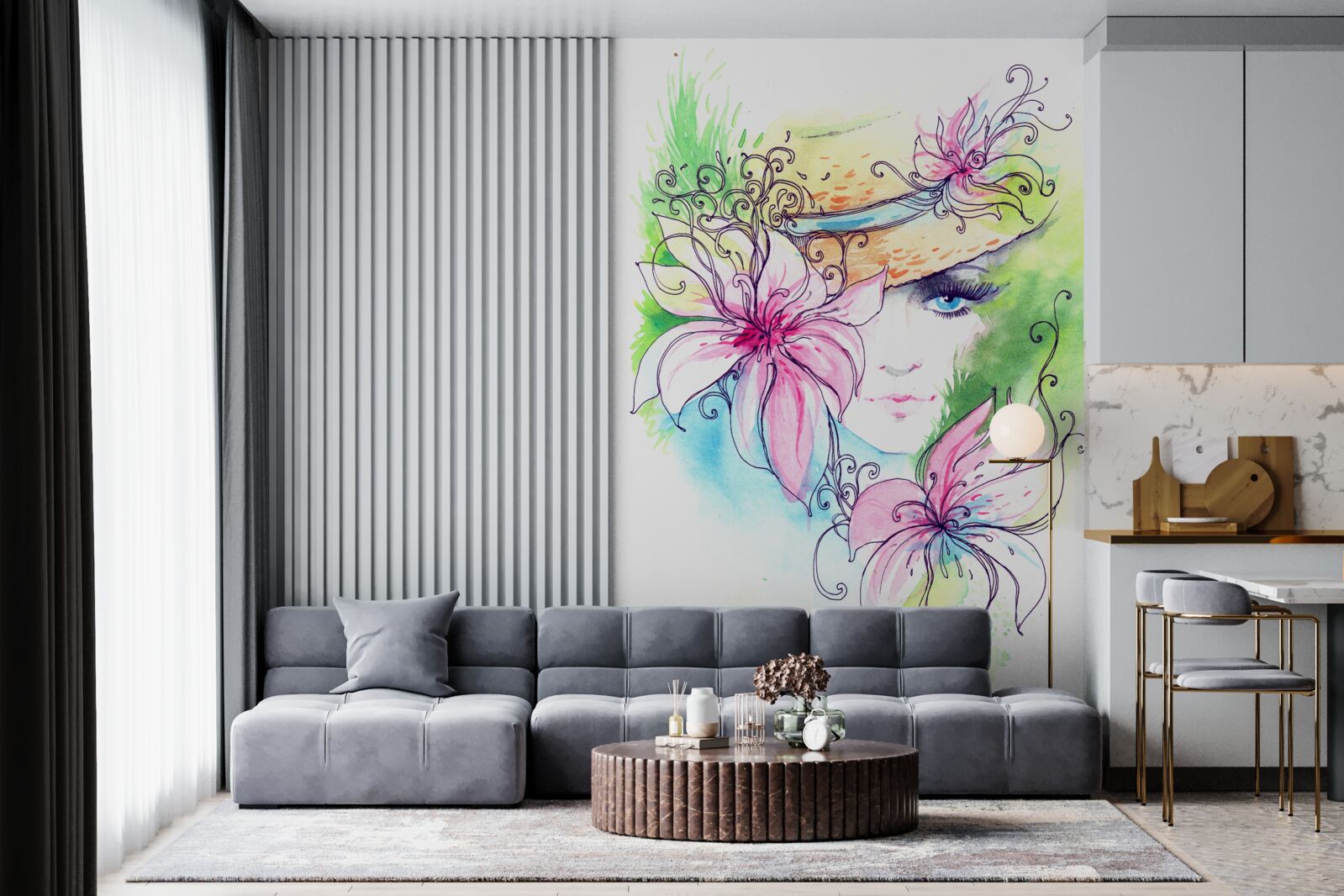 Papier peint portrait d'une jeune fille et fleurs représentées dans le tableau