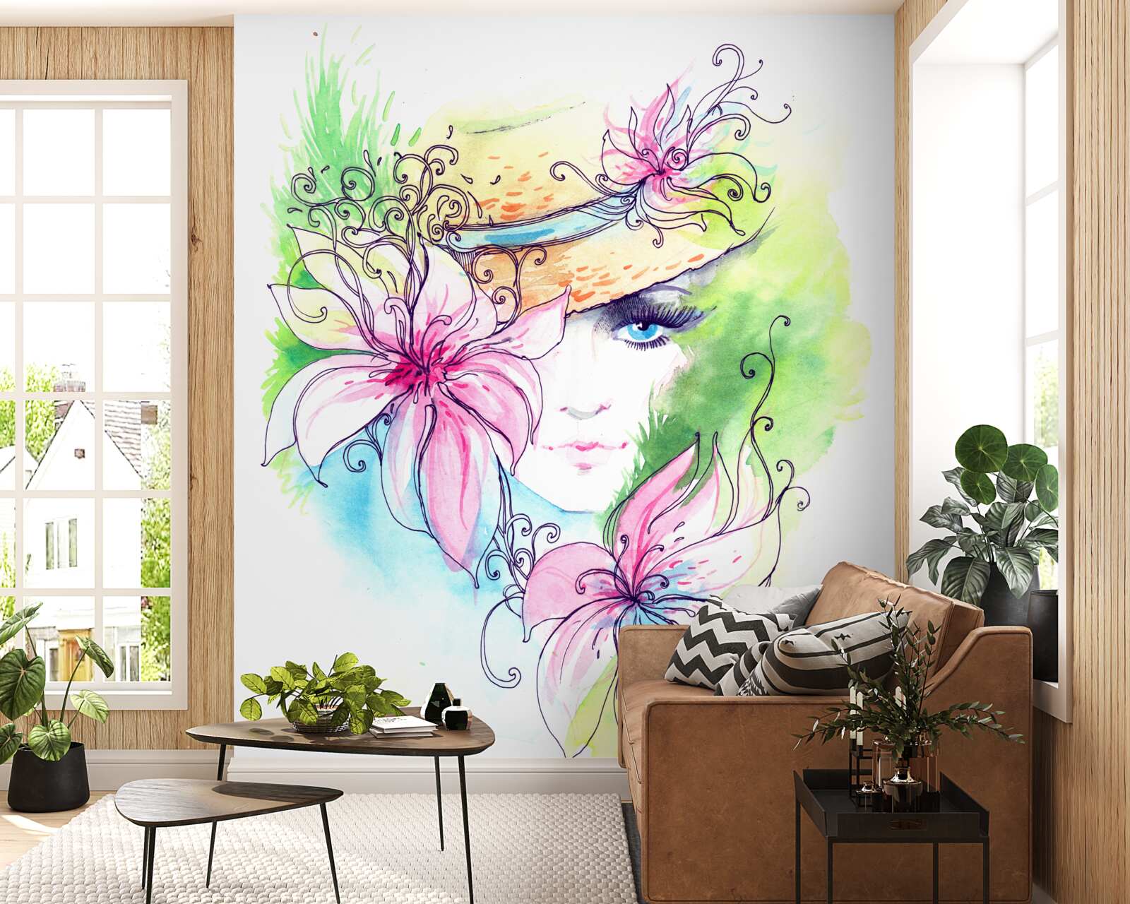 Papier peint portrait d'une jeune fille et fleurs représentées dans le tableau