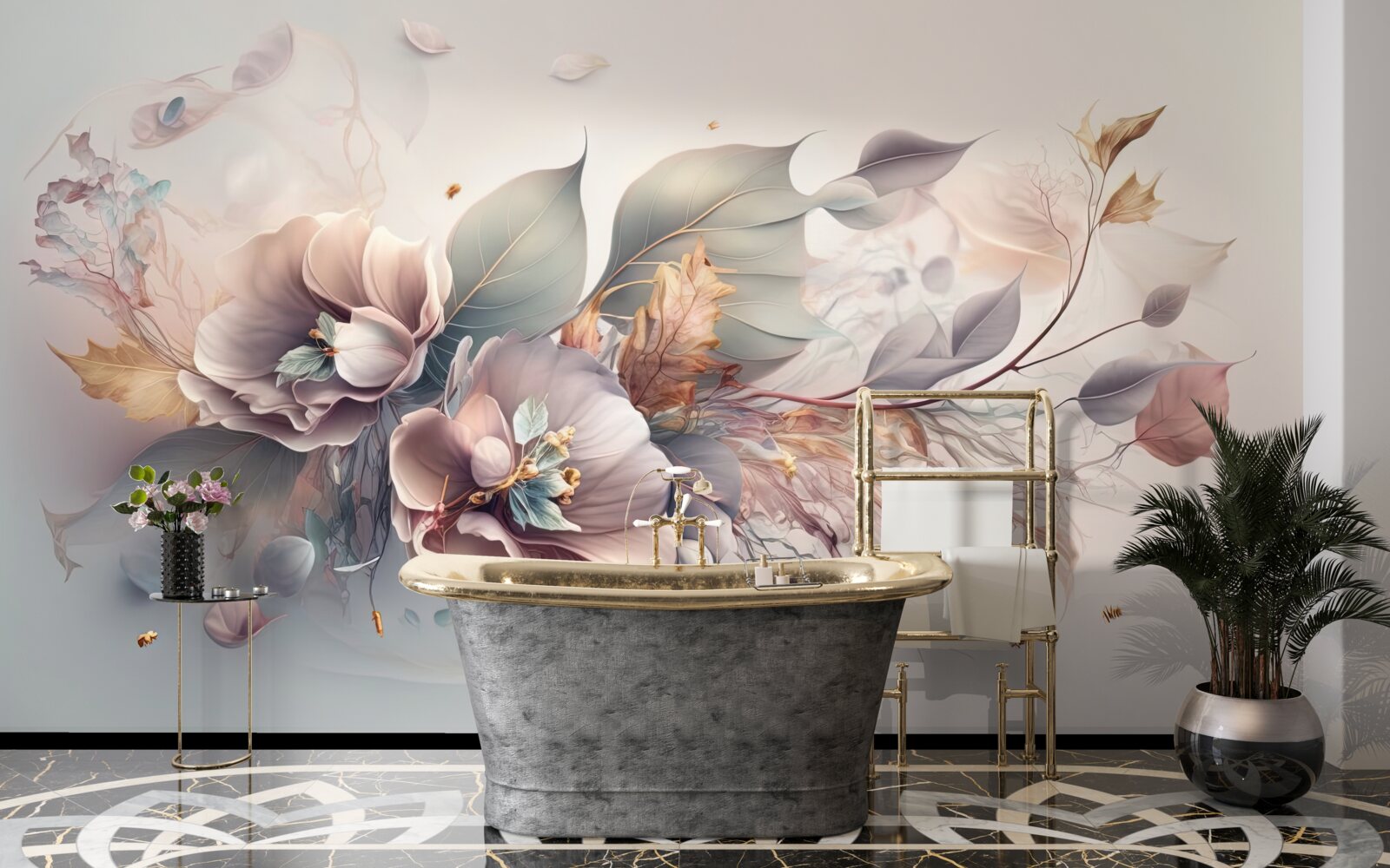 Papier peint branche de fleur colorée sur fond clair