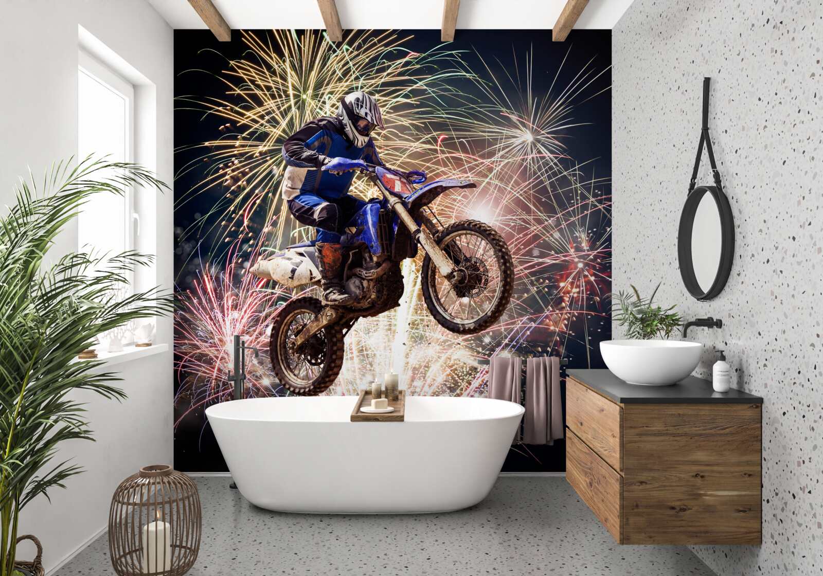 Papier peint cycliste sur le dos d'un feu d'artifice