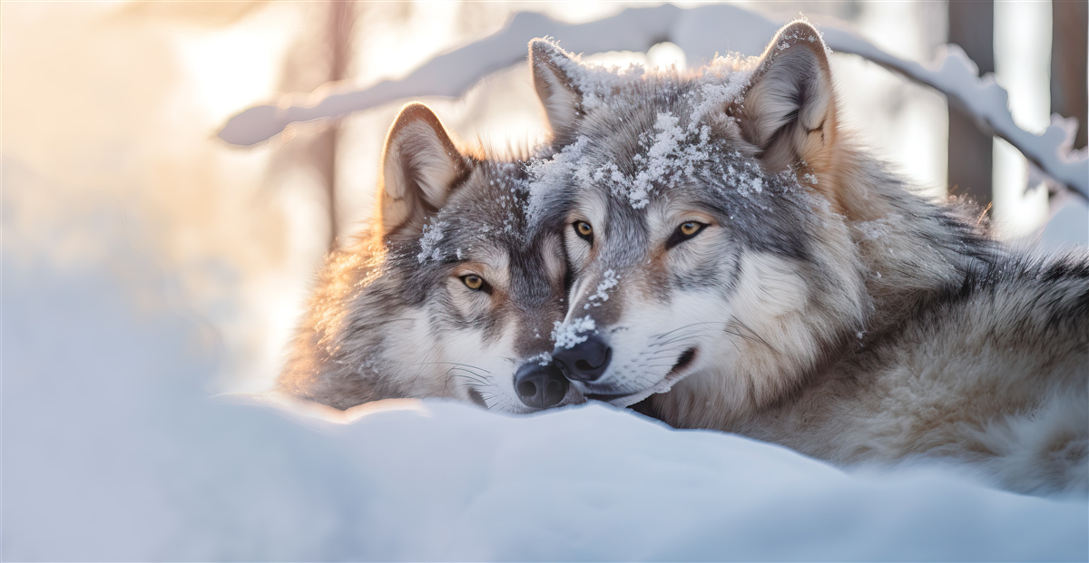 Papier peint Paysages de Blanche-Neige avec des loups gris au milieu