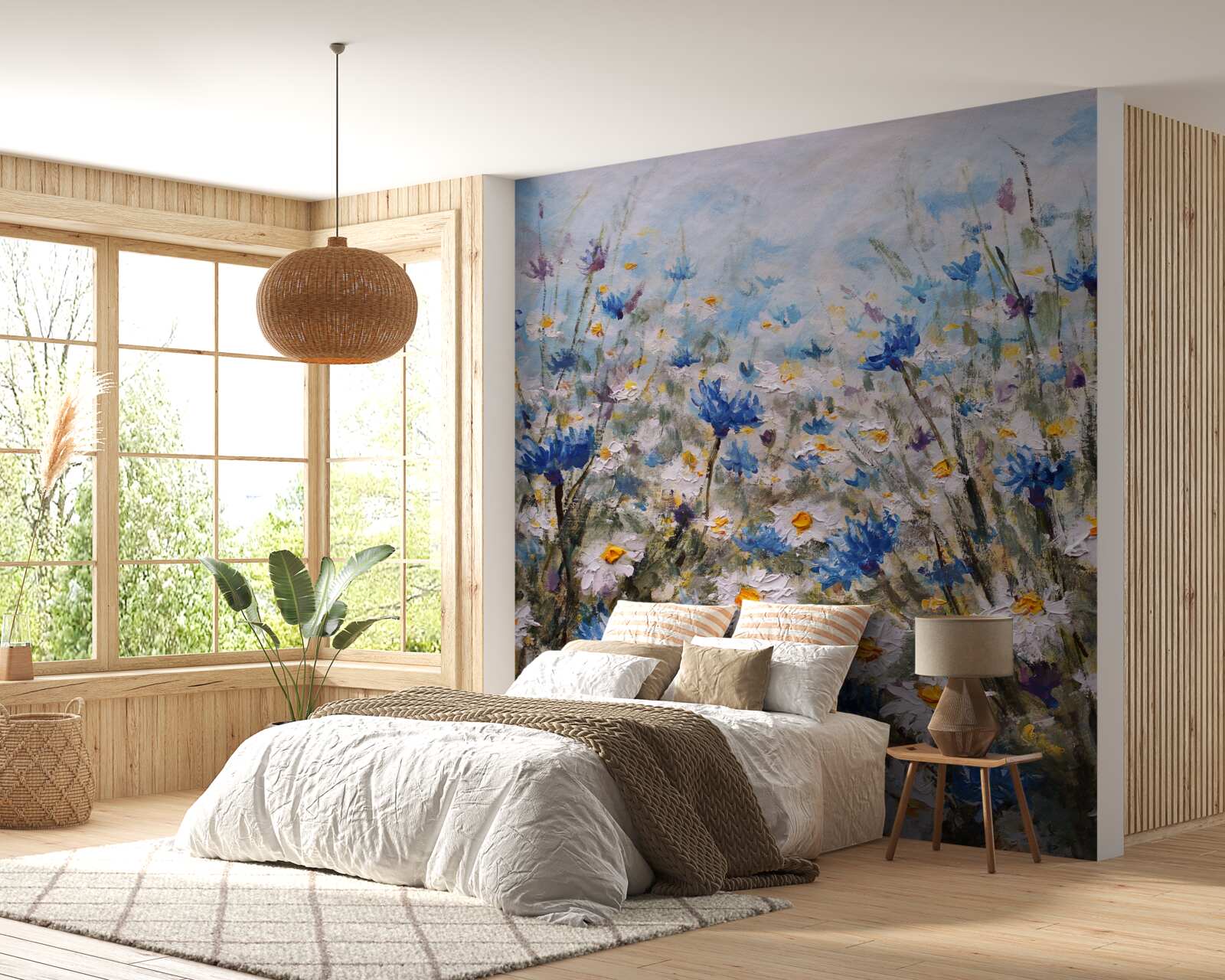 Papier peint marguerite et bourgeons bleus