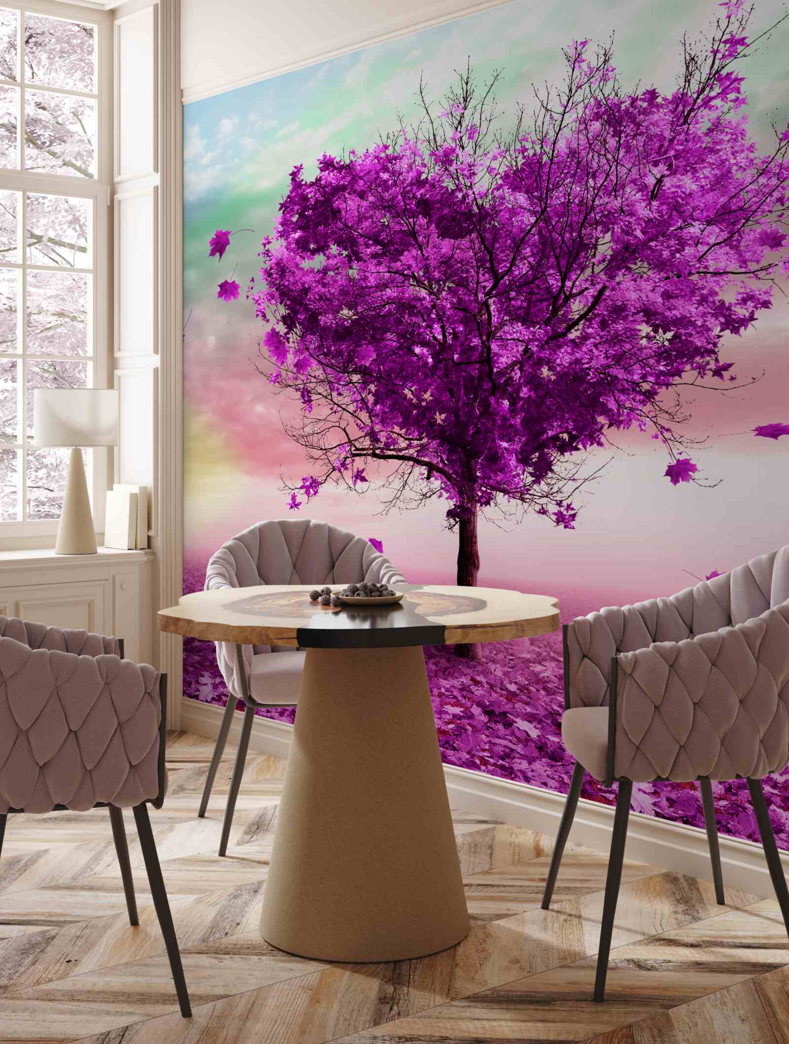 Papier peint l'arbre en forme de cœur est peint en violet