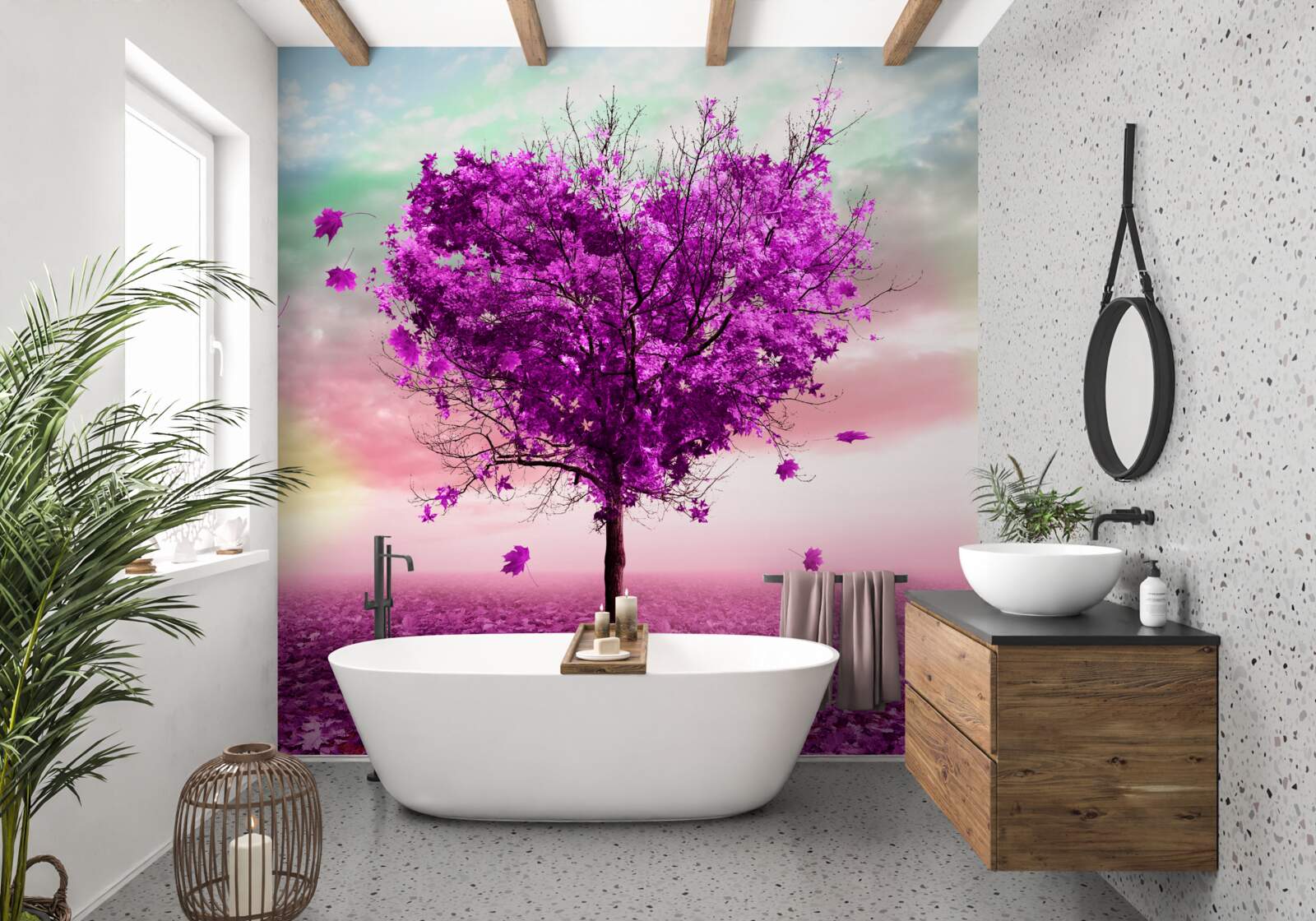 Papier peint l'arbre en forme de cœur est peint en violet