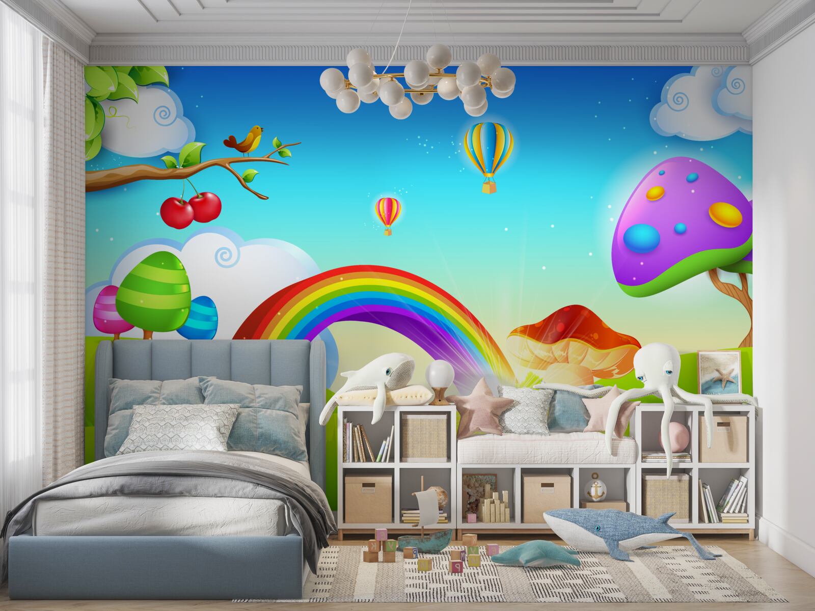 Papier peint une pelouse fantastique sous un arc-en-ciel lumineux