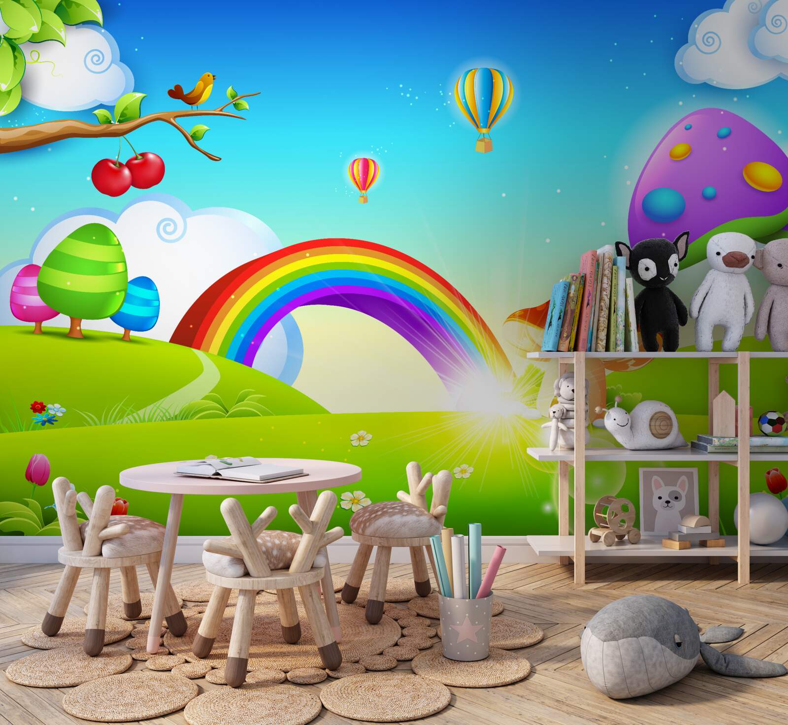 Papier peint une pelouse fantastique sous un arc-en-ciel lumineux