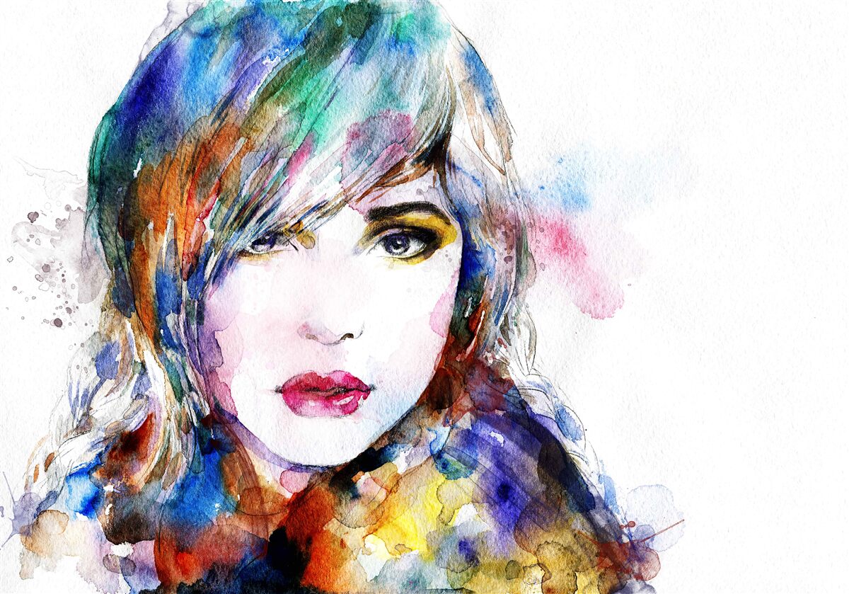 Papier peint image d'une jeune fille réalisée avec des aquarelles lumineuses