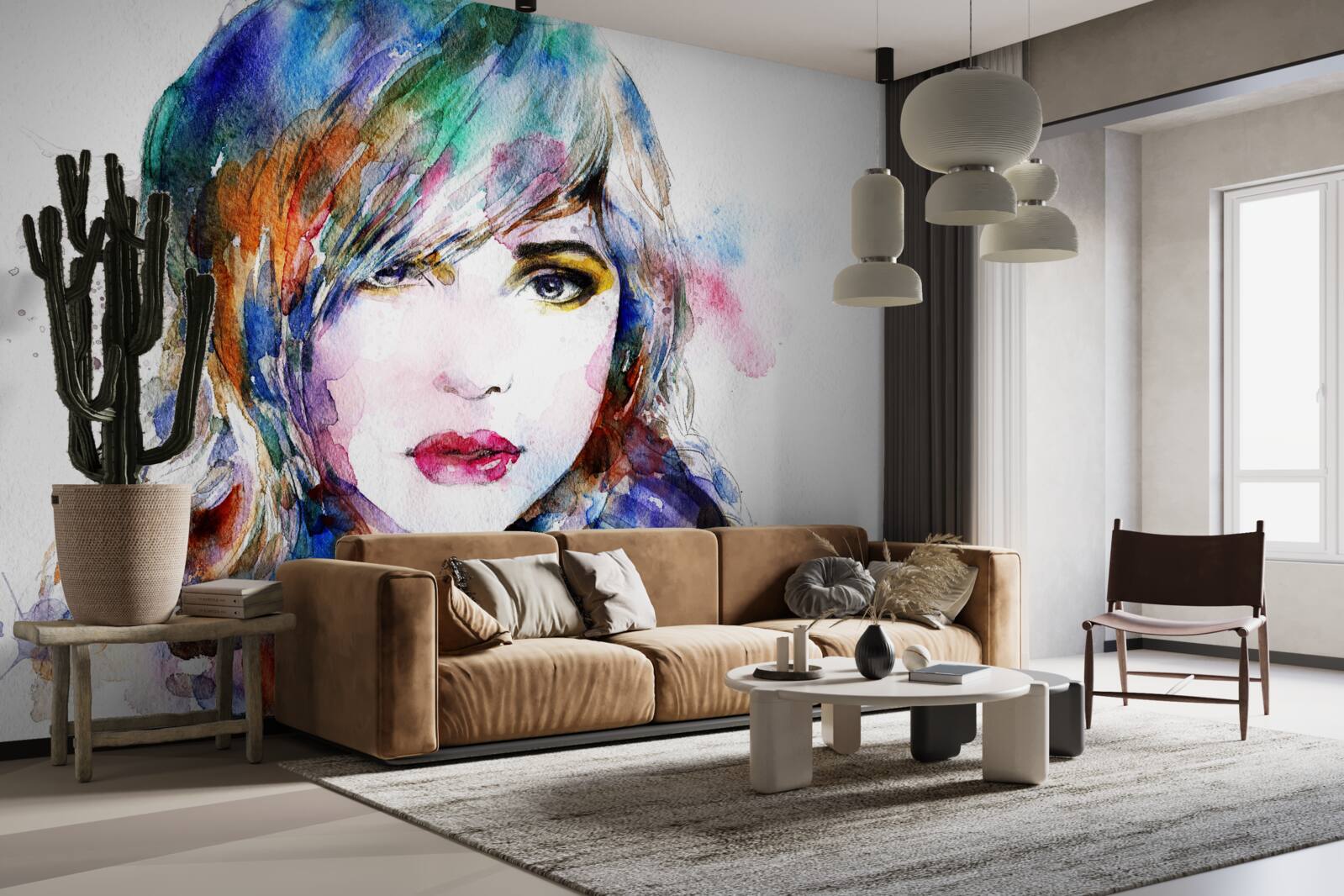 Papier peint image d'une jeune fille réalisée avec des aquarelles lumineuses