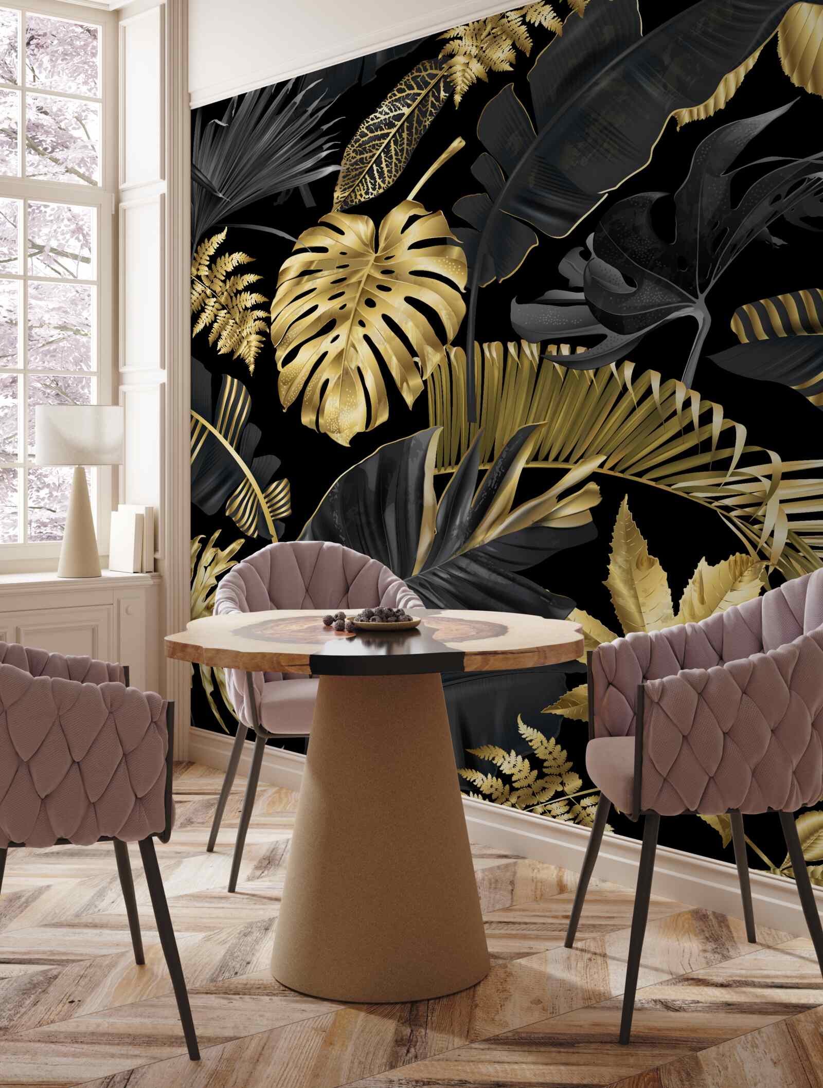 Papier peint Feuilles tropicales en noir et or