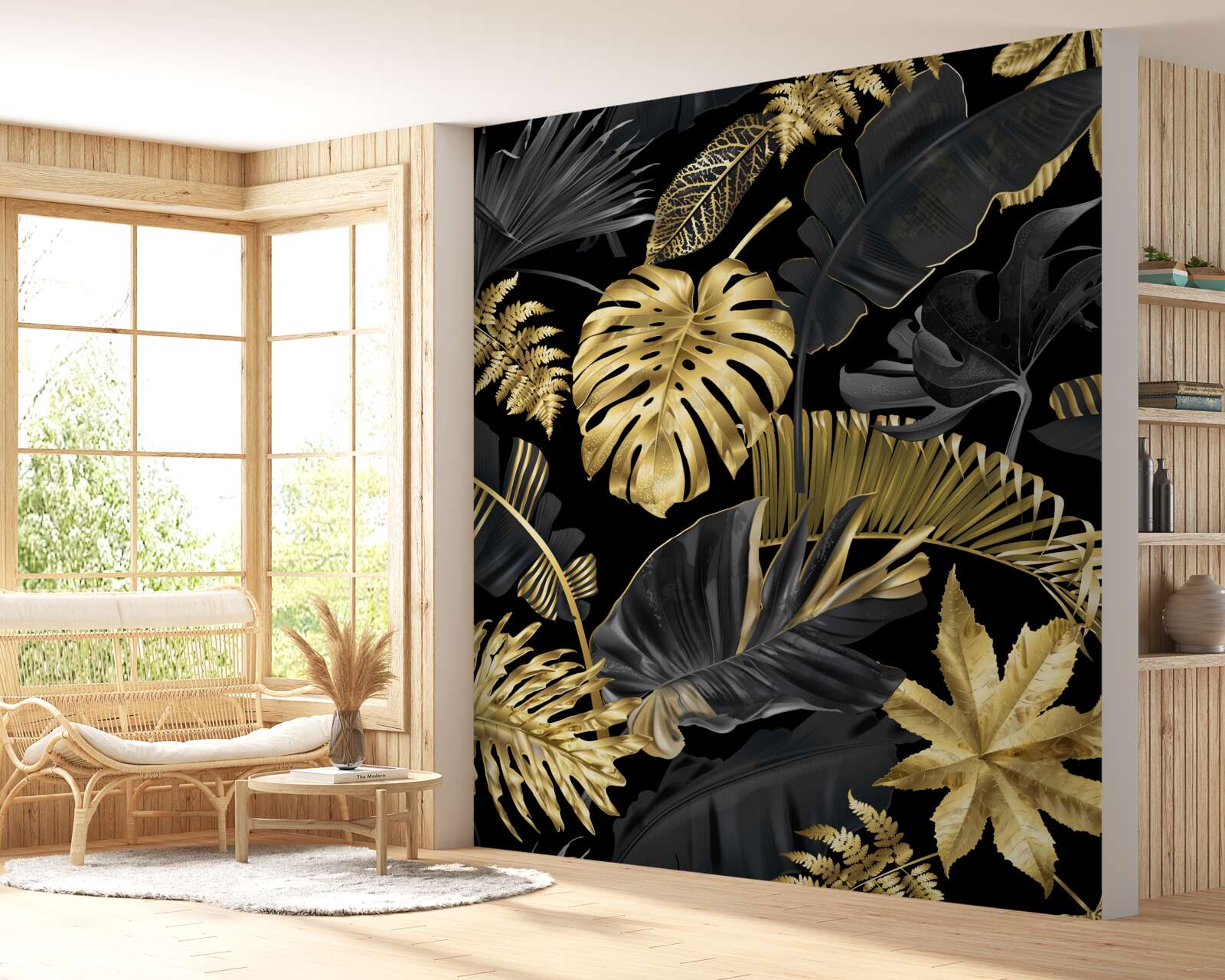 Papier peint Feuilles tropicales en noir et or