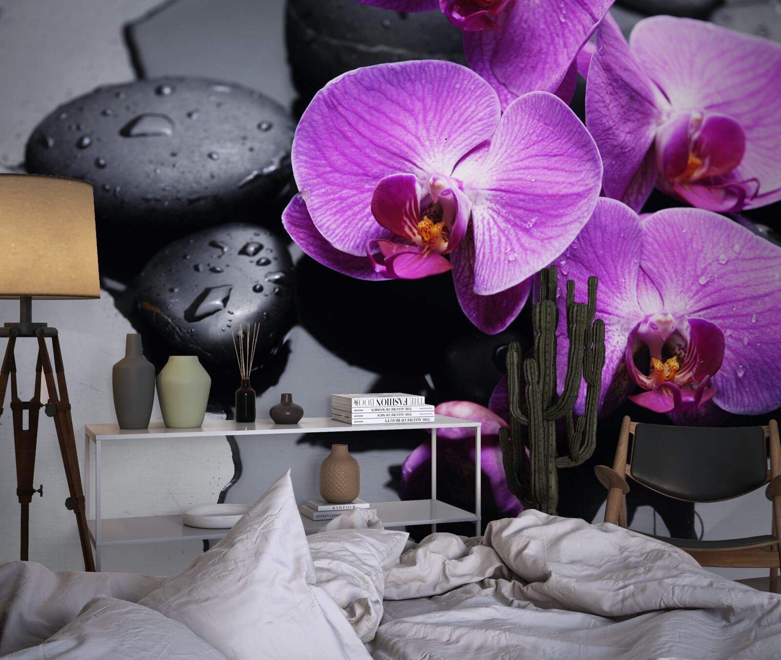 Papier peint orchidée pourpre entourée d'eau et de pierres