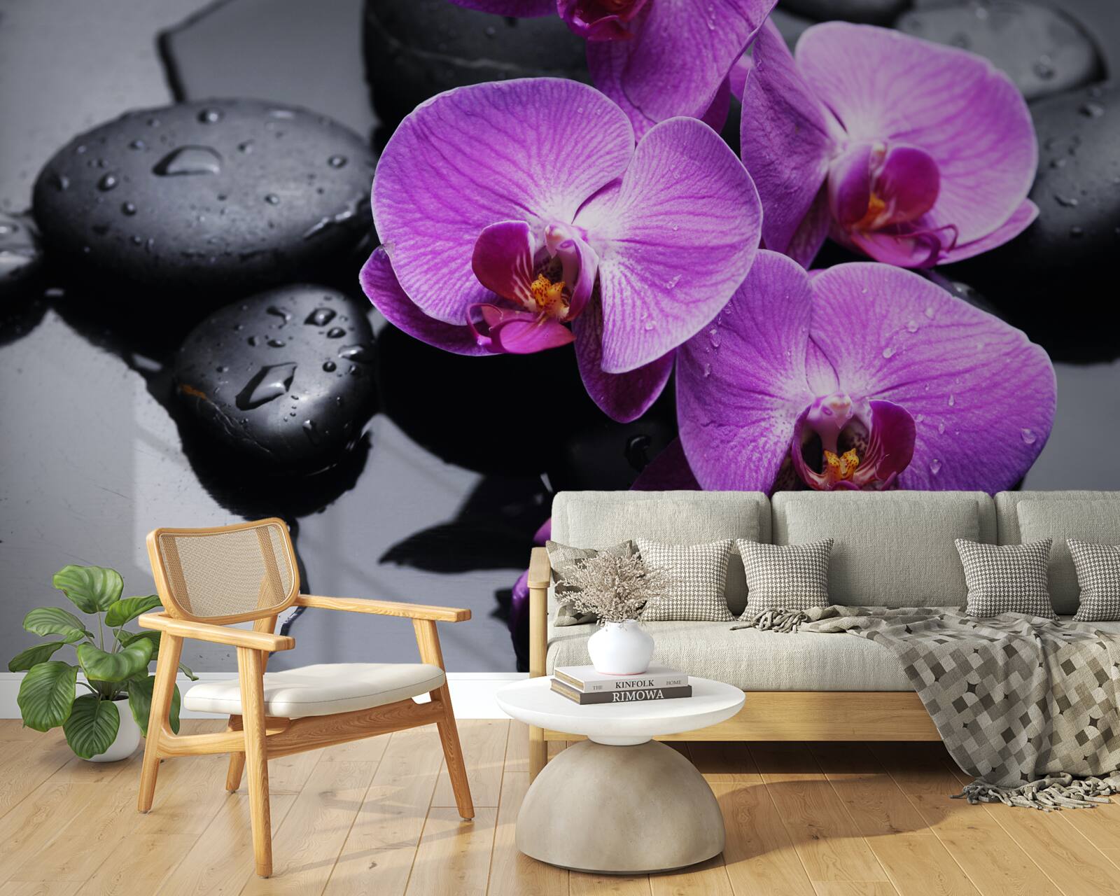 Papier peint orchidée pourpre entourée d'eau et de pierres
