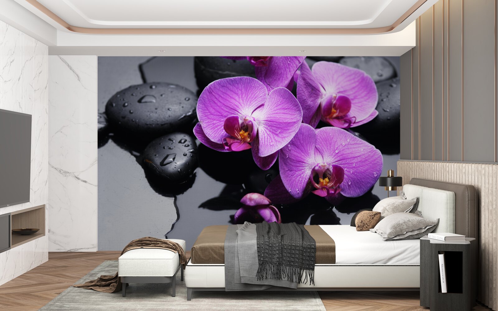 Papier peint orchidée pourpre entourée d'eau et de pierres