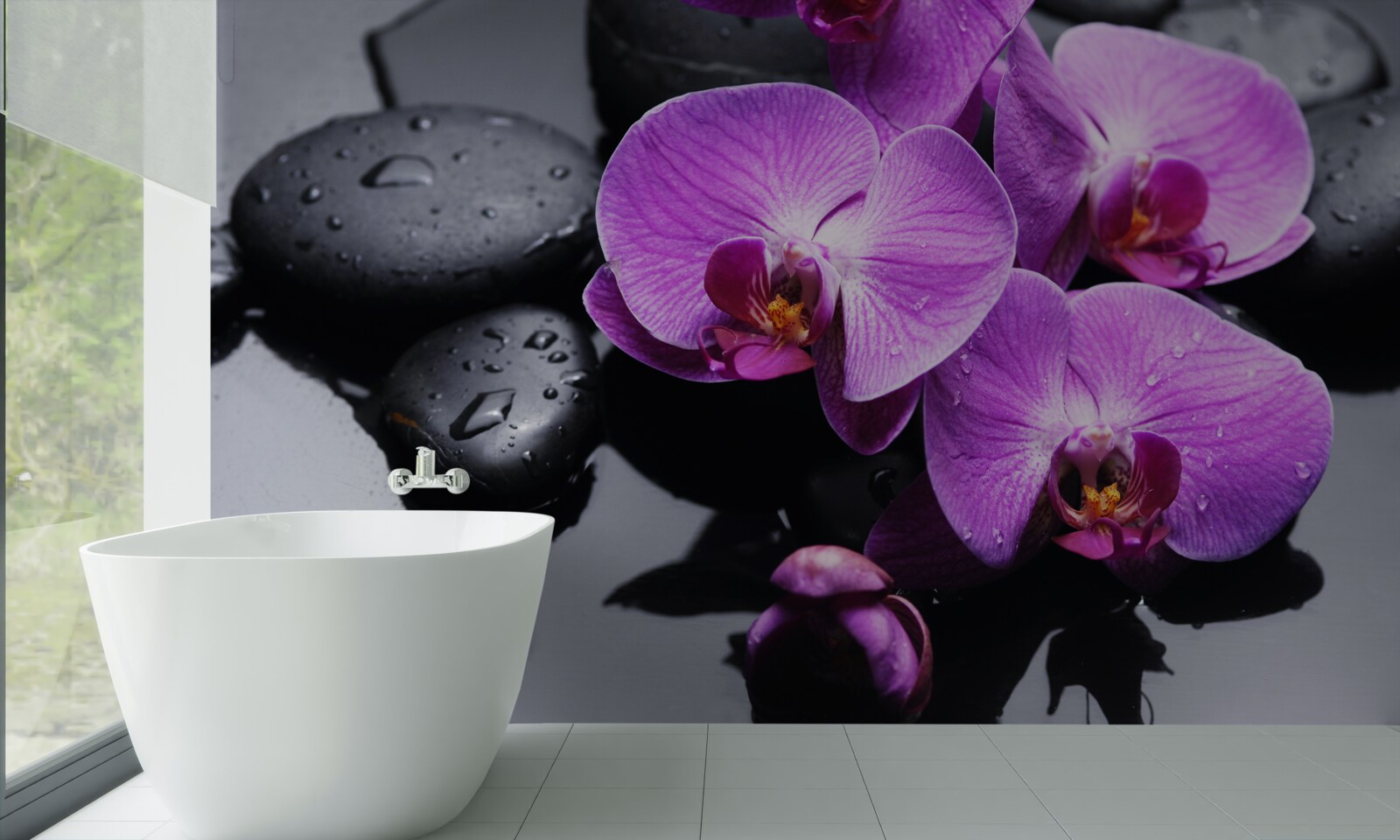 Papier peint orchidée pourpre entourée d'eau et de pierres