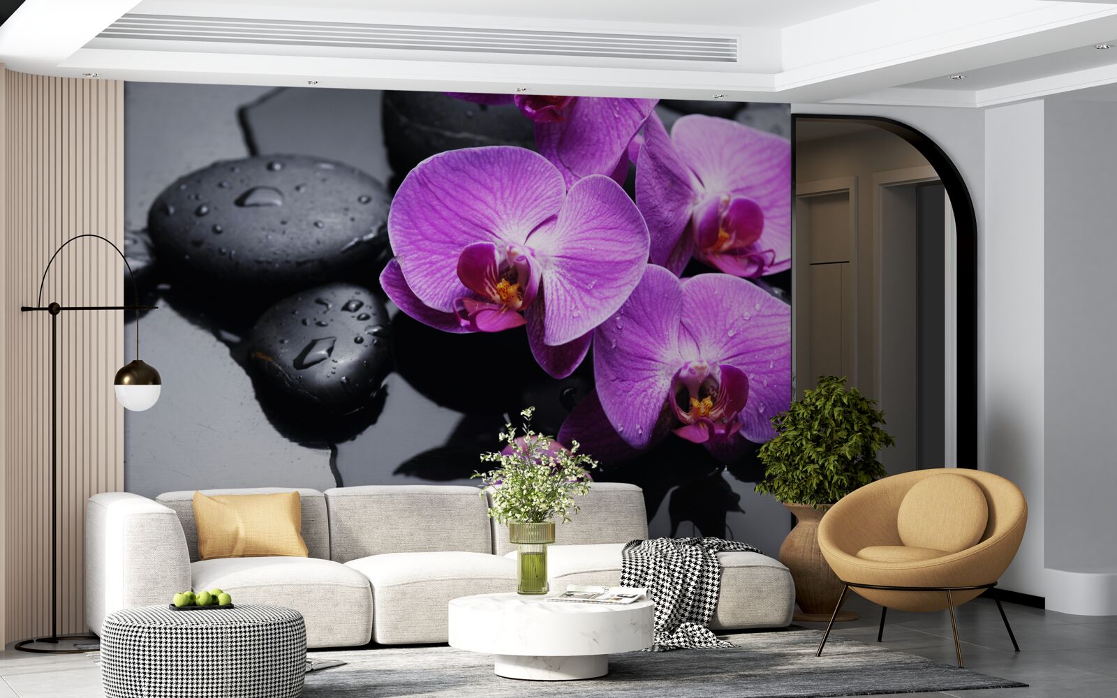 Papier peint orchidée pourpre entourée d'eau et de pierres