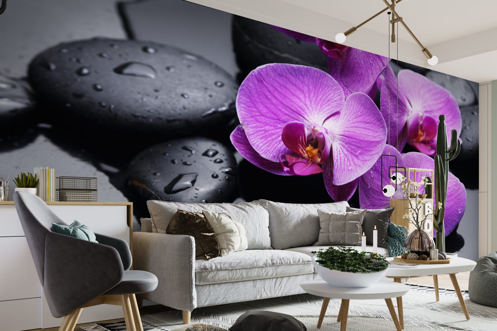 Papier peint orchidée pourpre entourée d'eau et de pierres