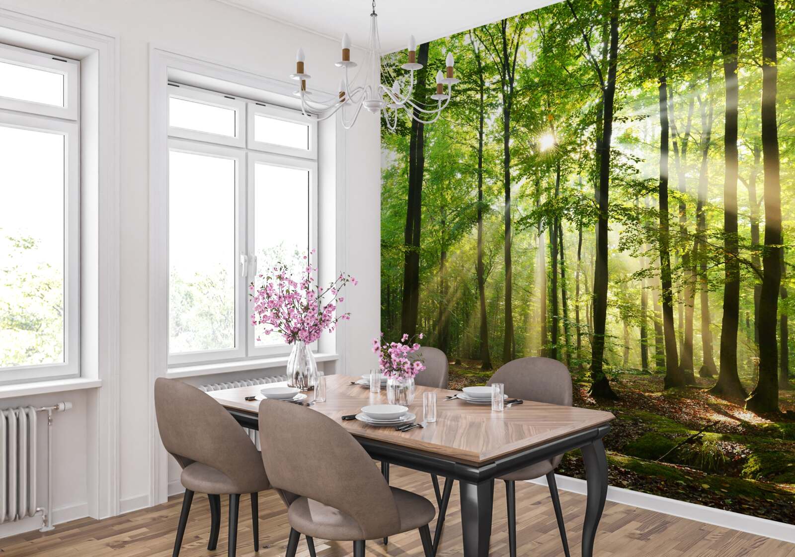 Papier peint les rayons du soleil percent la forêt verte et bien ordonnée