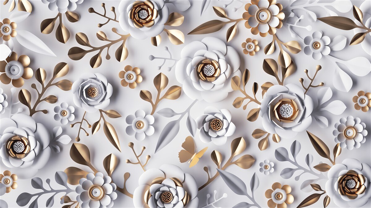 Papier peint feuilles dorées et fleurs blanches