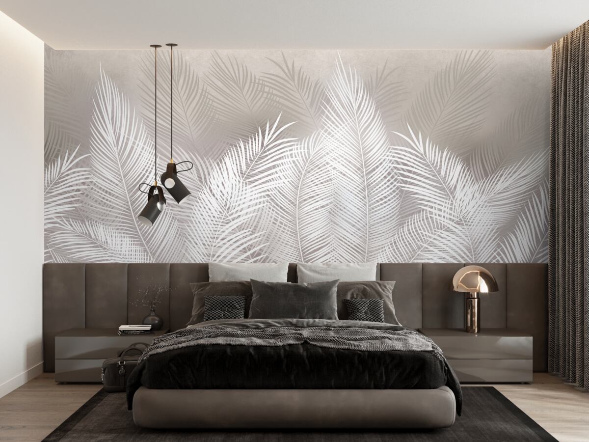 Papier peint feuilles pennées, denses et blanches comme la neige