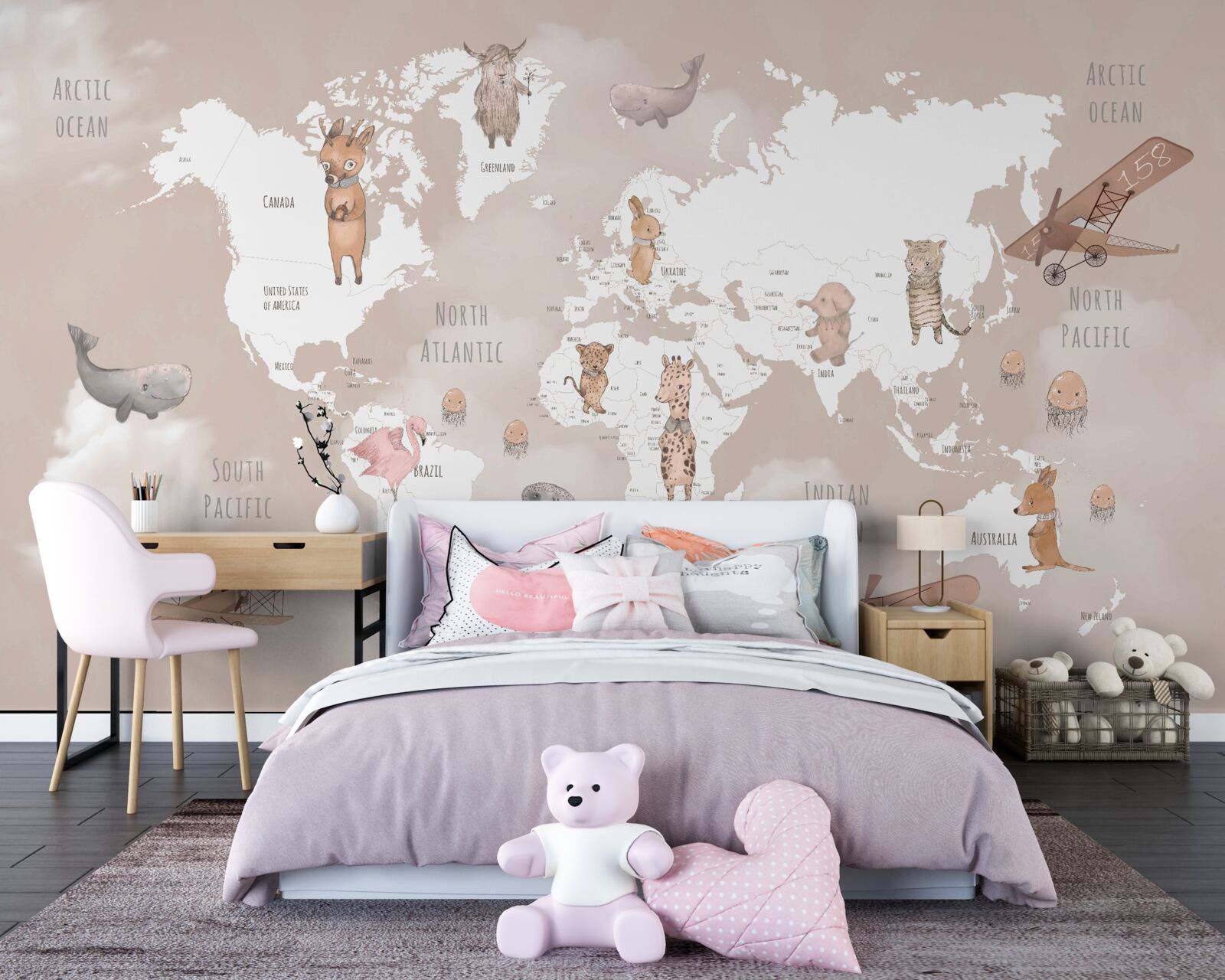 Papier peint carte du monde avec des images d'animaux et d'avions