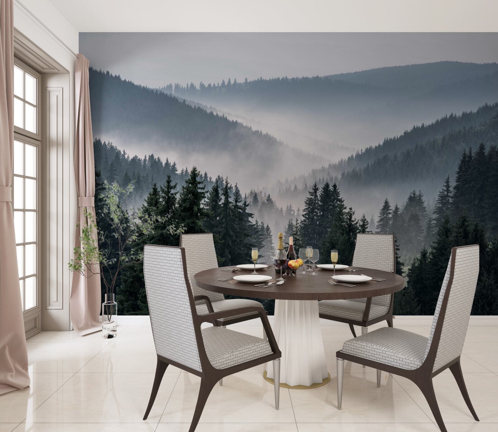 Papier peint La forêt de conifères de montagne est cachée sous un épais brouillard.