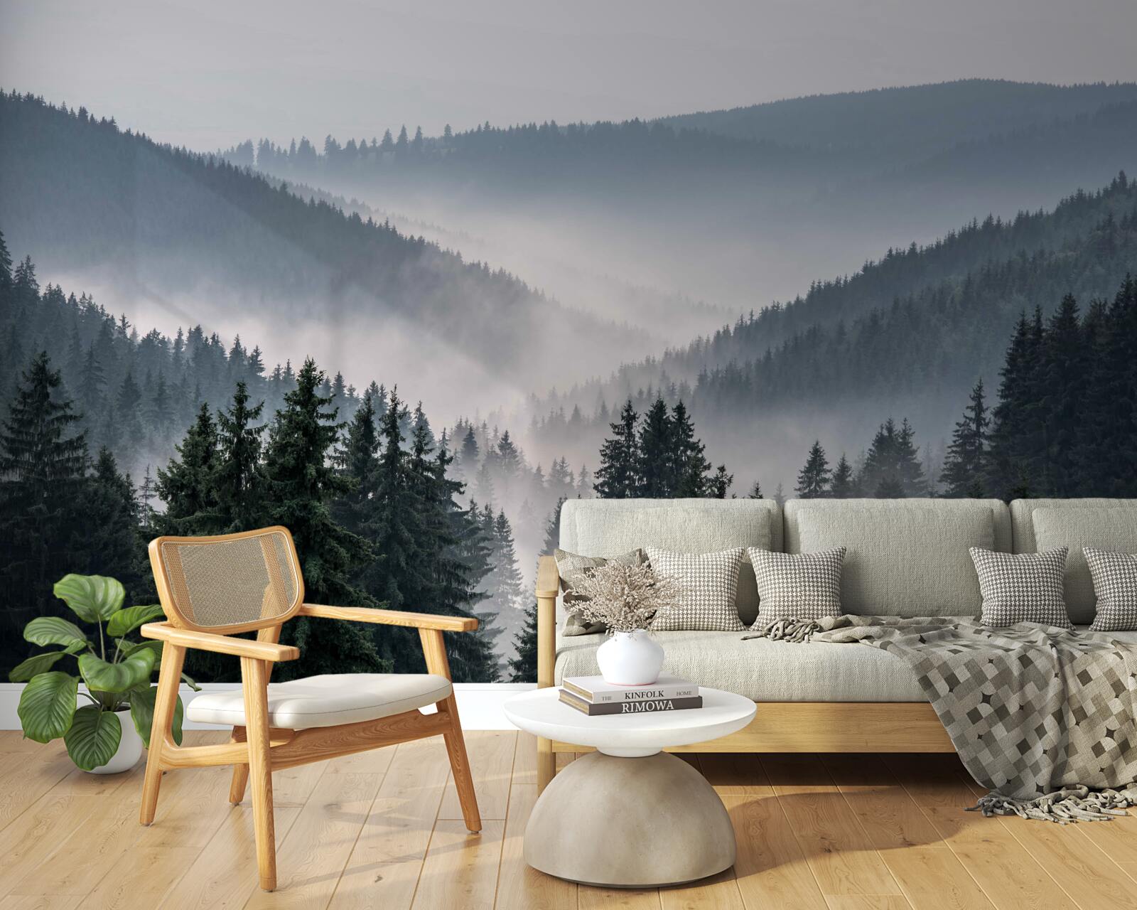 Papier peint La forêt de conifères de montagne est cachée sous un épais brouillard.