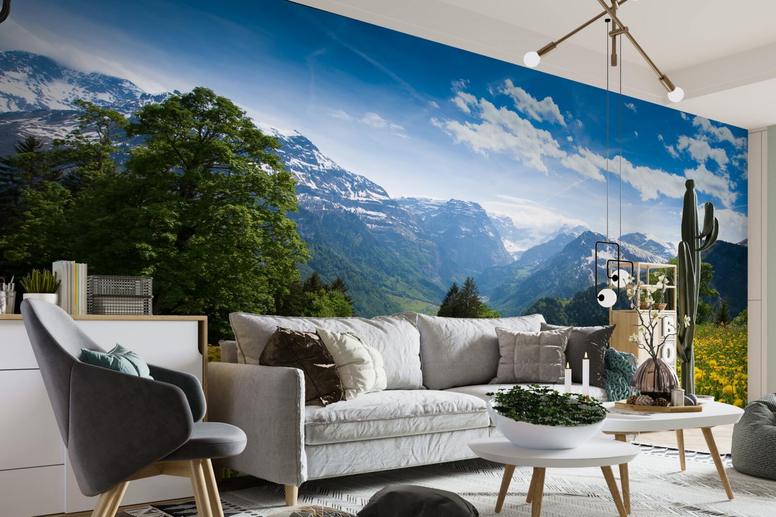 Papier peint paysage de montagne avec un champ de coquelicots décoré de pissenlits jaunes