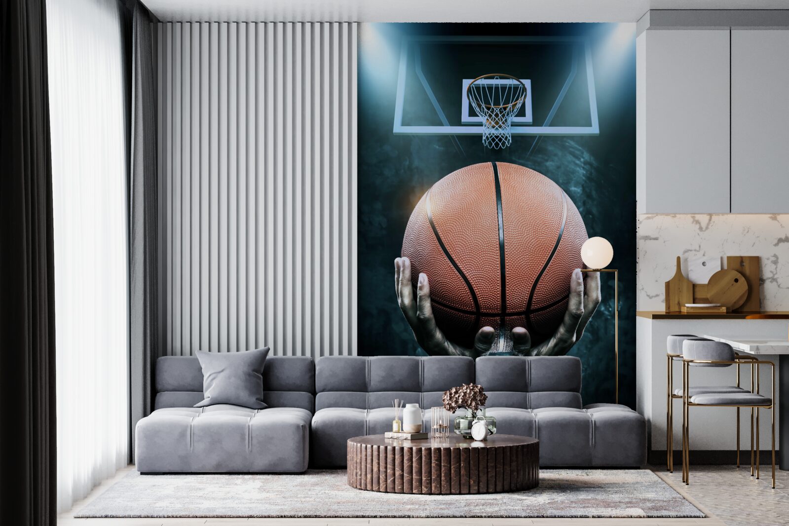 Papier peint un ballon de basket est tenu dans le fond du cerceau