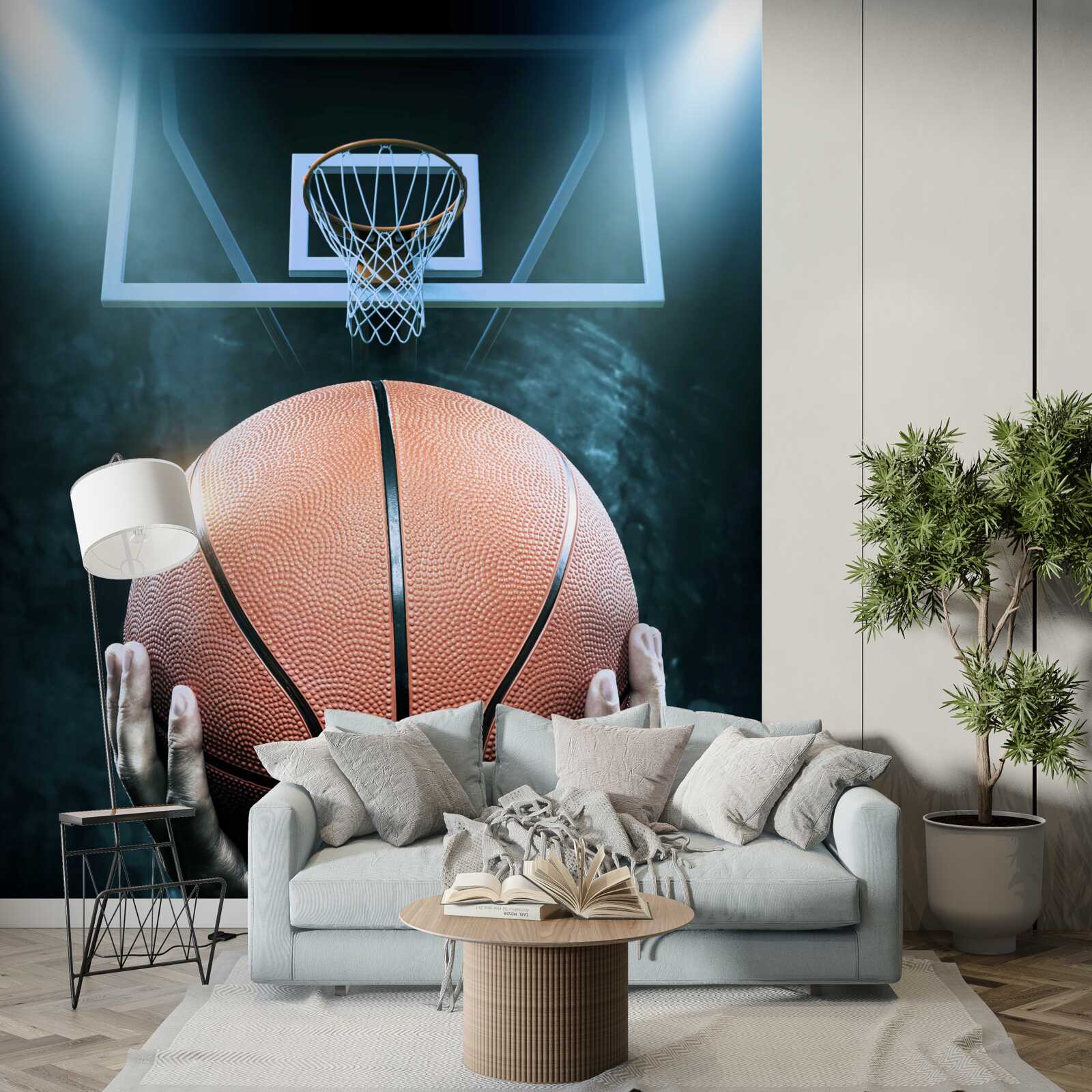 Papier peint un ballon de basket est tenu dans le fond du cerceau