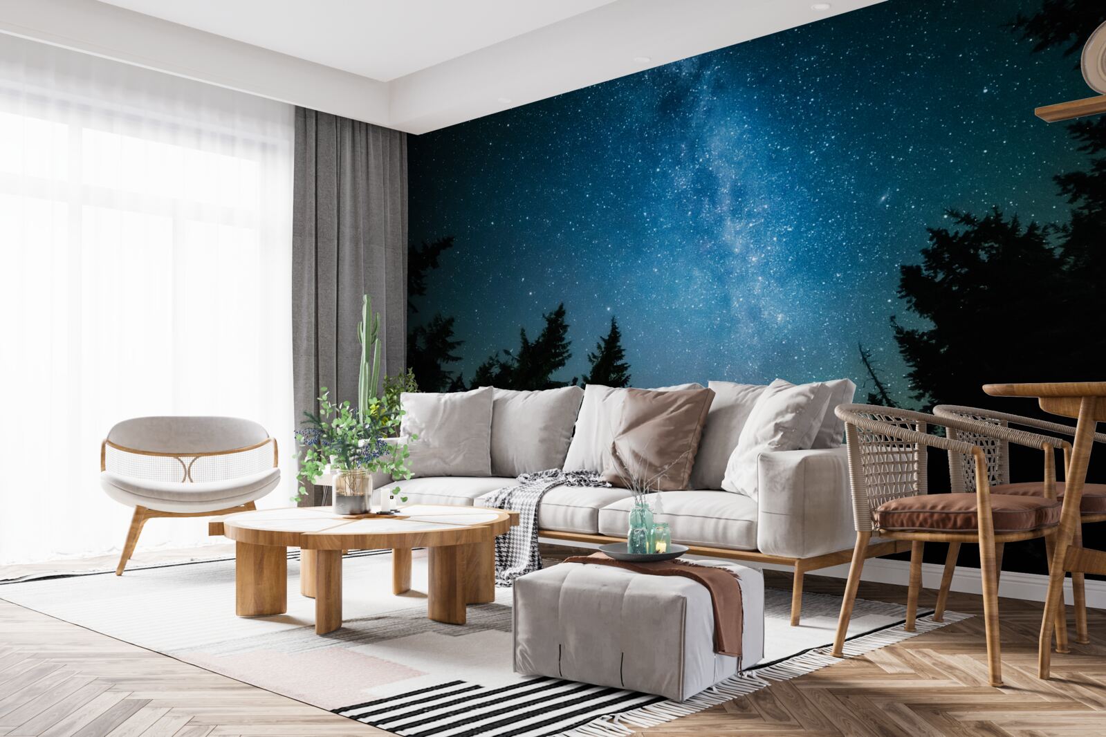 Papier peint Un chemin parmi les étoiles dans une forêt sombre