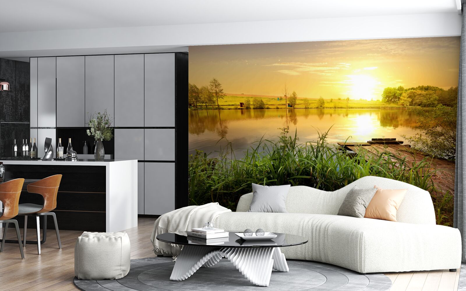 Papier peint lever de soleil sur un lac tranquille
