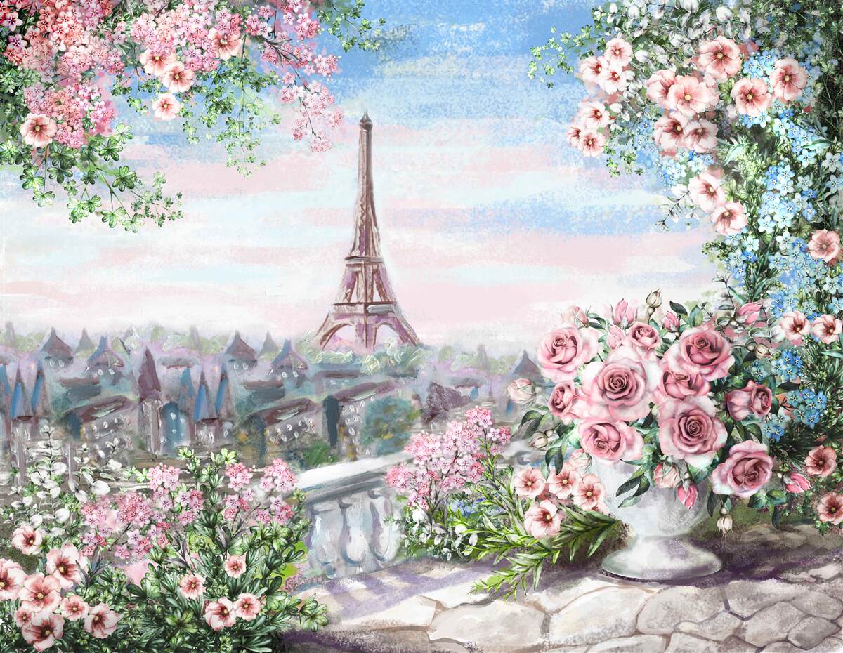 Papier peint fleurs roses dans un jardin en face de la tour eiffel