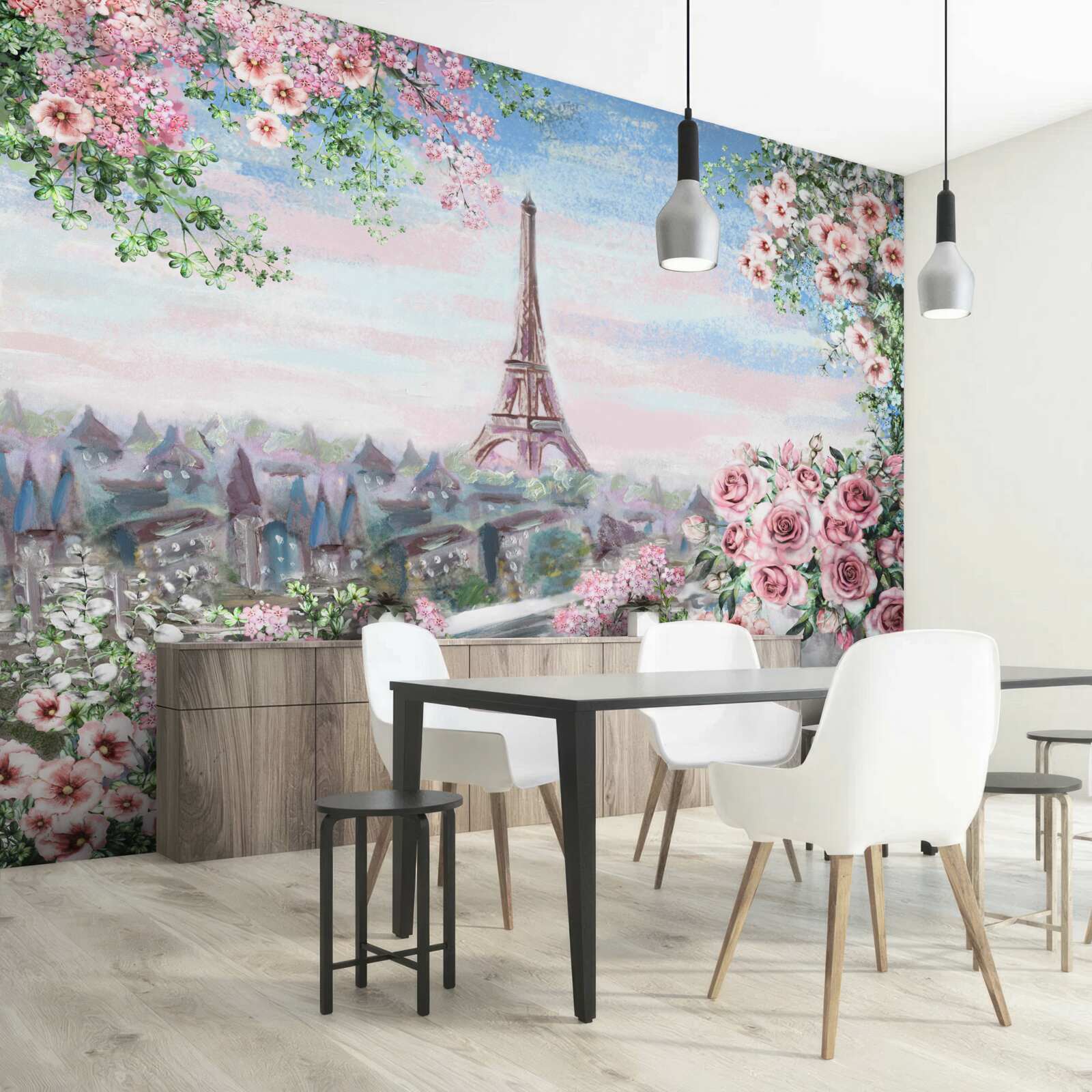 Papier peint fleurs roses dans un jardin en face de la tour eiffel
