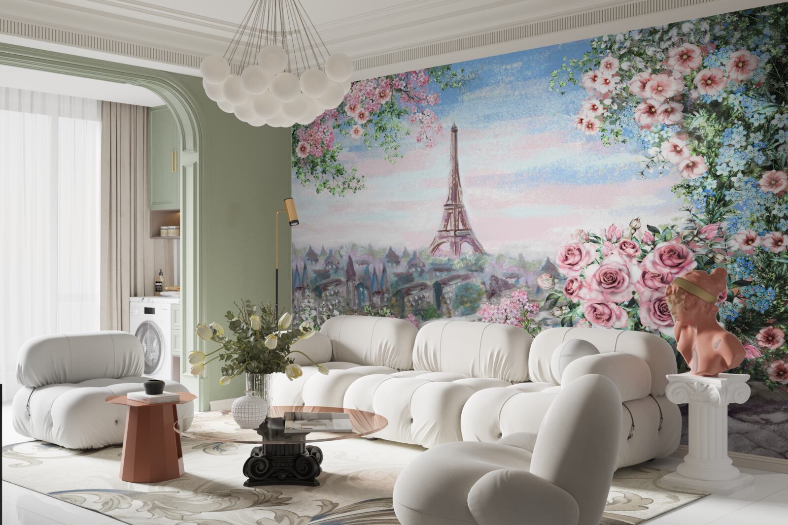 Papier peint fleurs roses dans un jardin en face de la tour eiffel