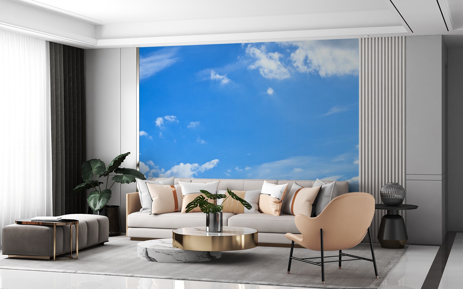 Papier peint bleu céleste avec des nuages blancs comme neige