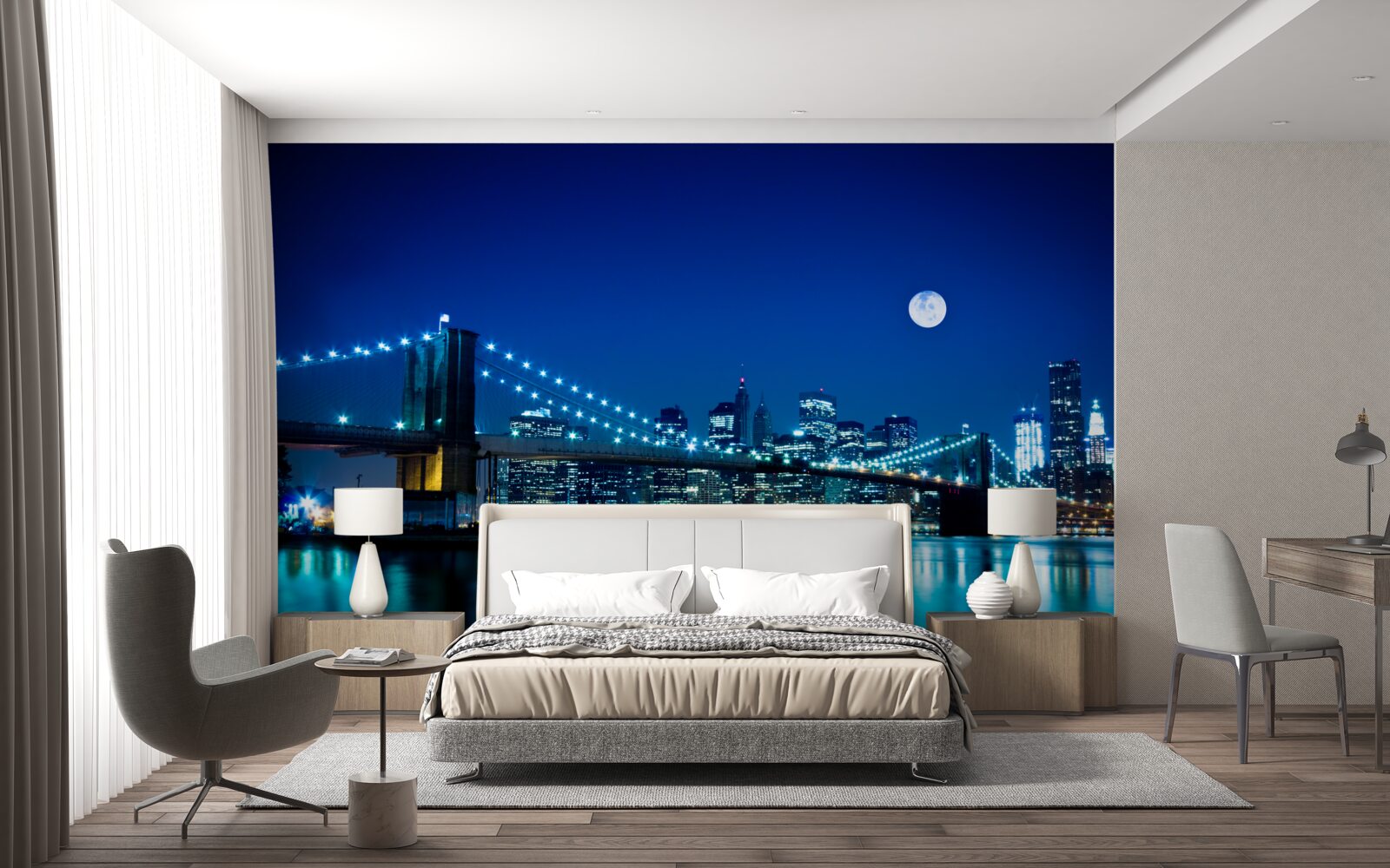 Papier peint pont de brooklyn illuminé par le clair de lune nocturne