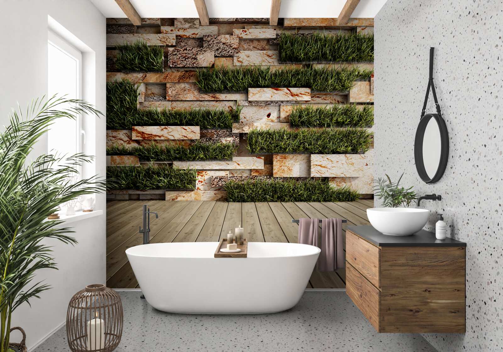 Papier peint mur en pierre décoré de plantes vertes